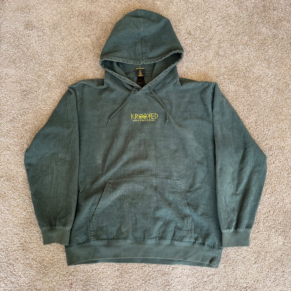 Krooked Corduroy Hoodie Mens L Green Skateboarding Embroidered Pullover